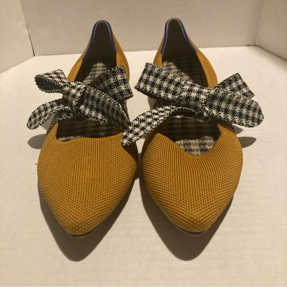 Mustard Pointed-Toe Women’s Flats with Gingham Tie